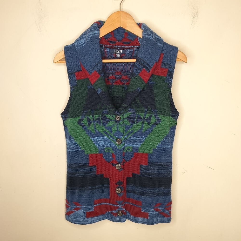 Chaps Aztec Southwestern Sweater Vest Shawl Collar Cotton